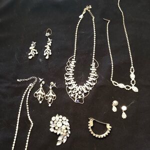 Lot of Women’s Clear Rhinestone Barrettes, Necklaces, Brooch, & Dangle Earrings